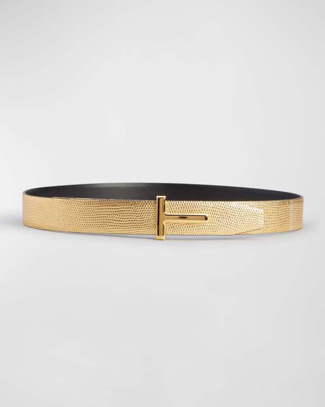 Golden Lizard-Embossed Reversible Leather Belt